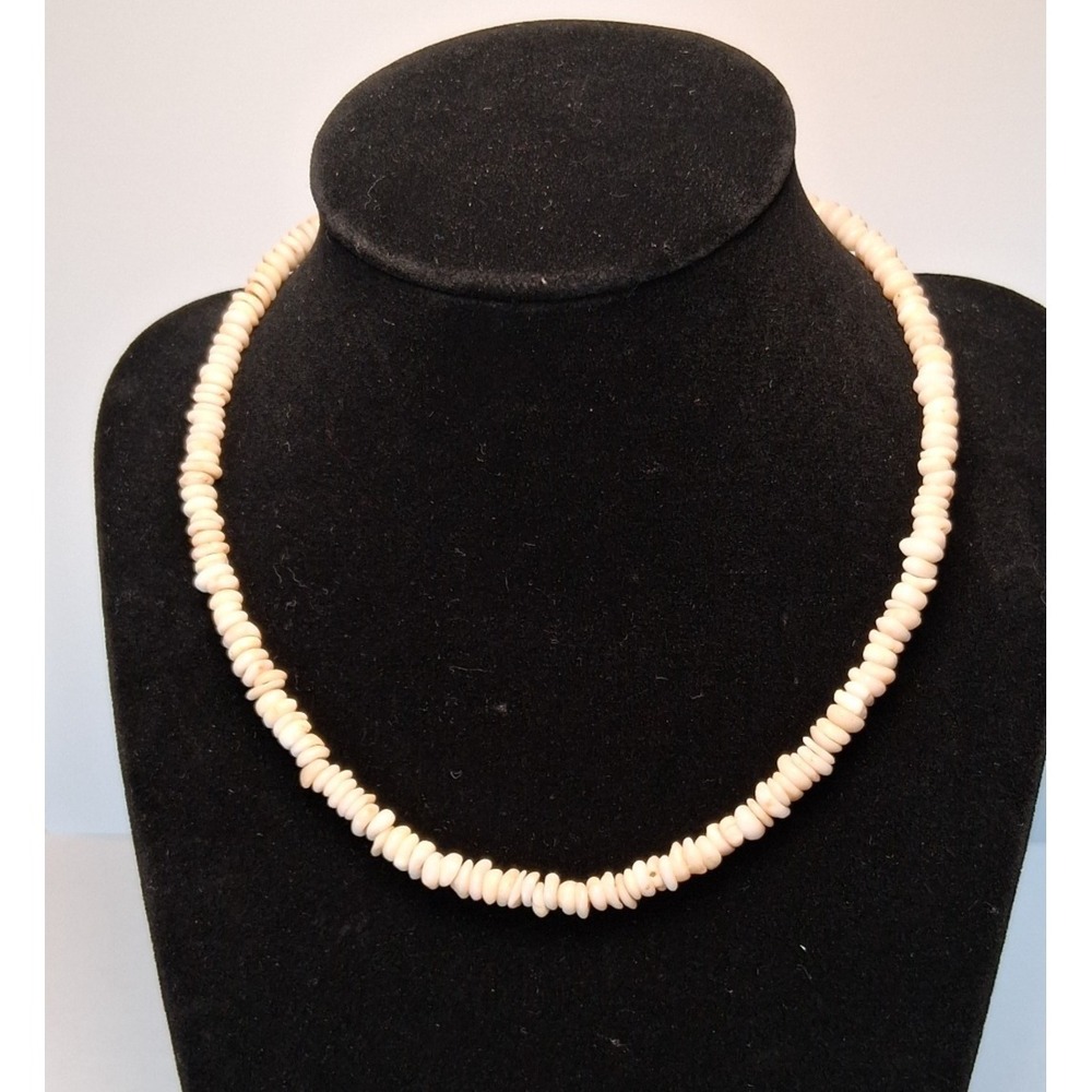 Vintage White Heishi Shell Necklace 16" - Thin Clam Shell Disc Puka Style Choker